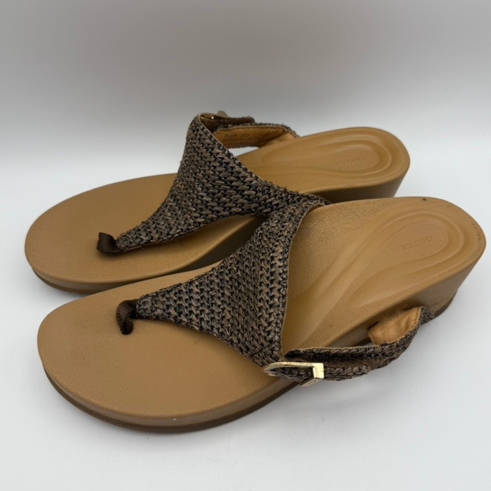 Aetrex Kate Wedge Sandals‎ Adjustable Buckle Thong Brown Woven EU42 US10.5-11